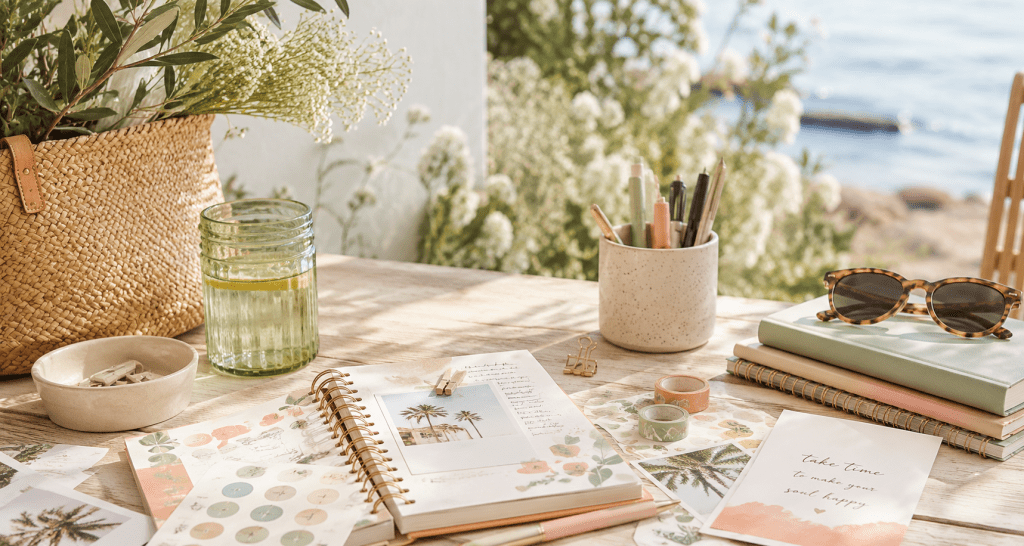 Een zomerse setting met creatieve spullen