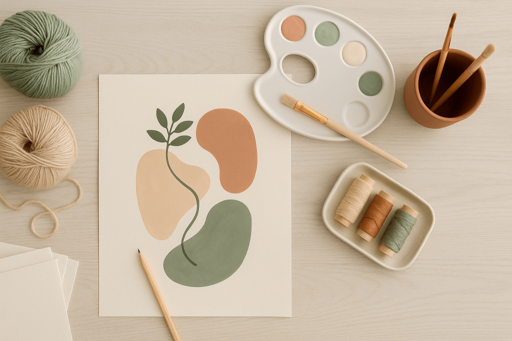 Een tekening, beker met kwasten, schilderspalet, garen en bolletjes wol