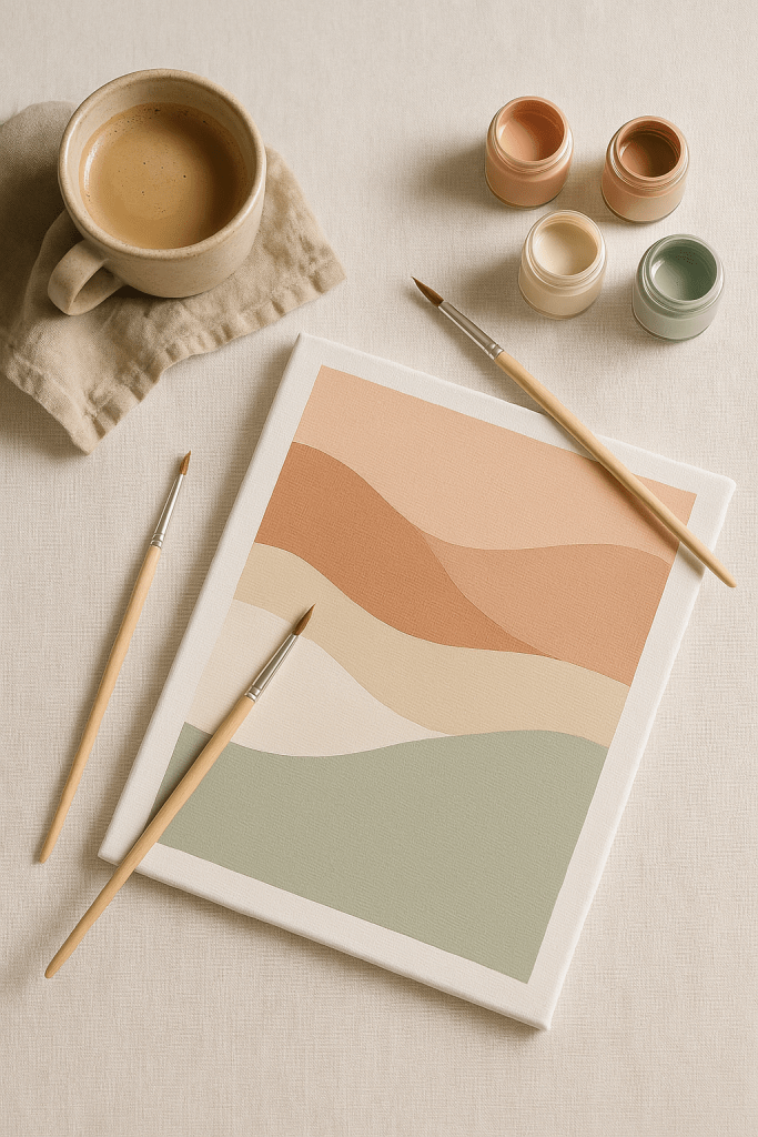 Abstract schilderij met 3 penselen en 2 potjes verf