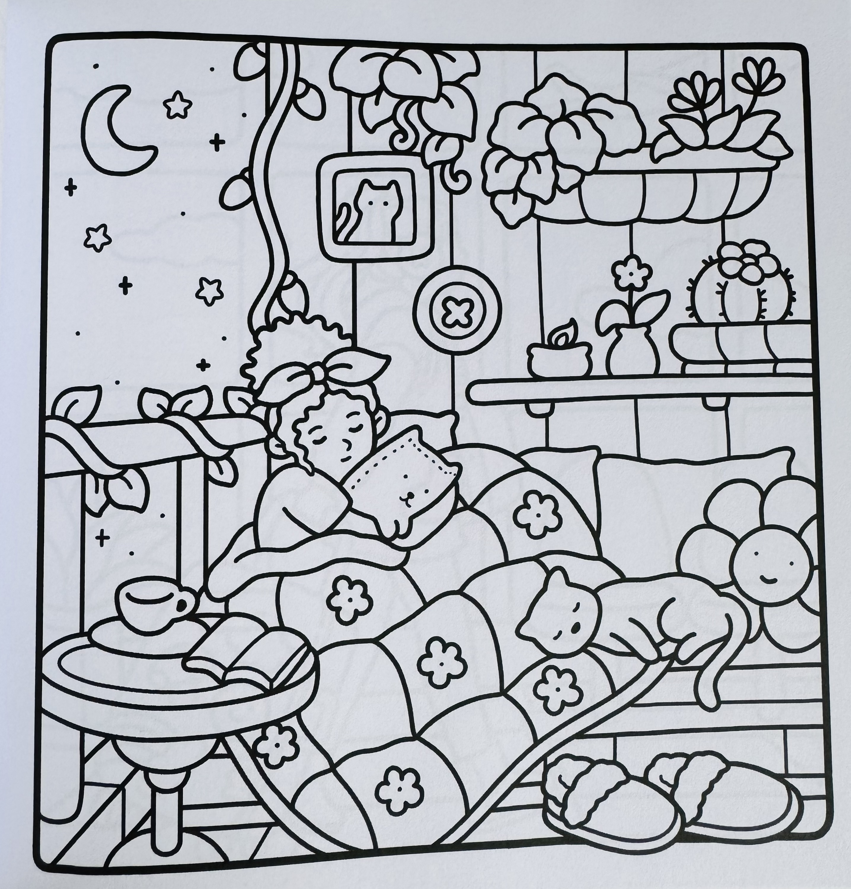 Niet ingekleurde kleurplaat van een meisje met een dekentje op de bank