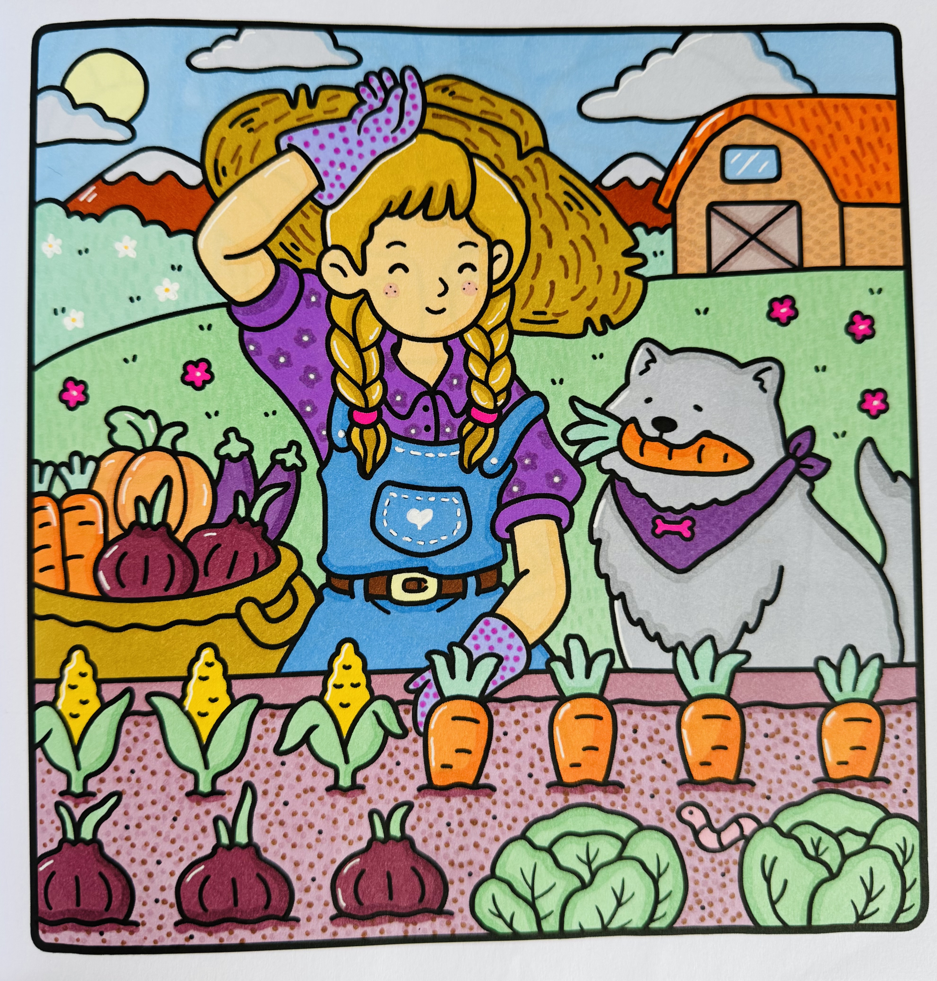 Ingekleurde kleurplaat van een meisje en een hond bij een moestuin