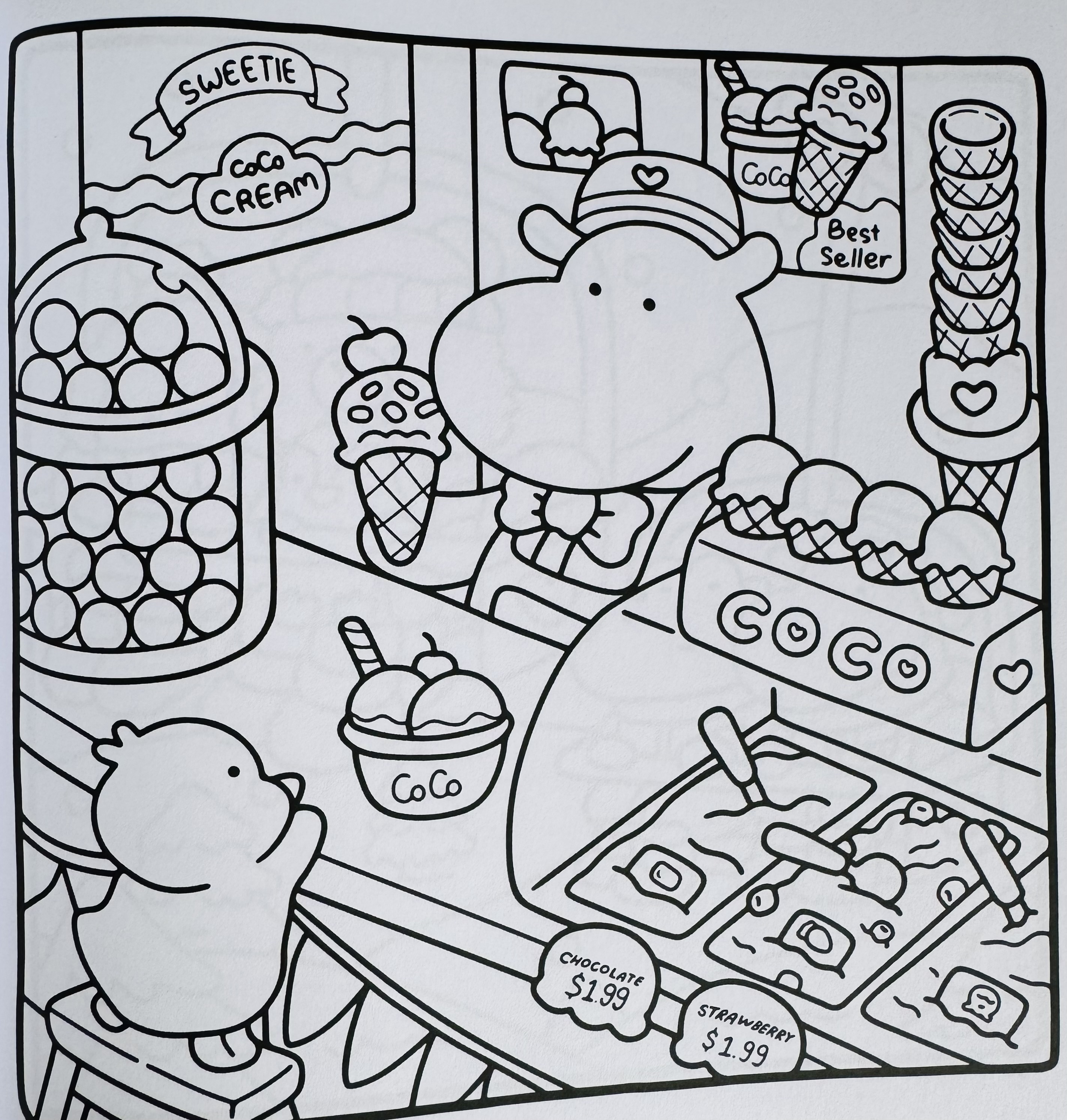 Niet ingekleurde kleurplaat van een nijlpaard en eendje in een ijswinkel