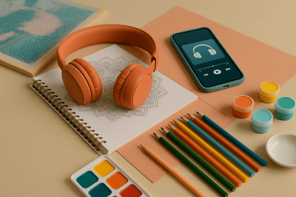 Een hoofdtelefoon, verf, telefoon en potloden op een tafelblad