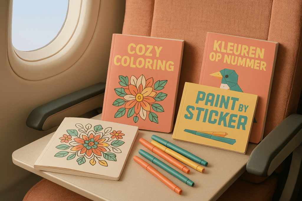 Kleurboeken met stiften op een vliegtuigstoel