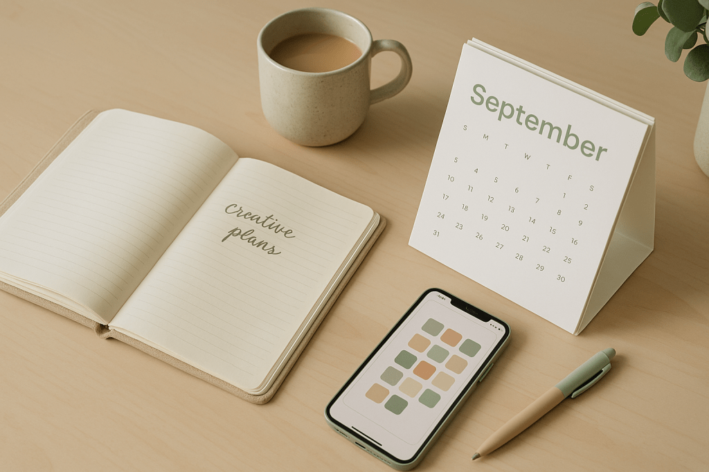 Tafelblad met open schrift, kalender met september erop, telefoon, pen en kop koffie