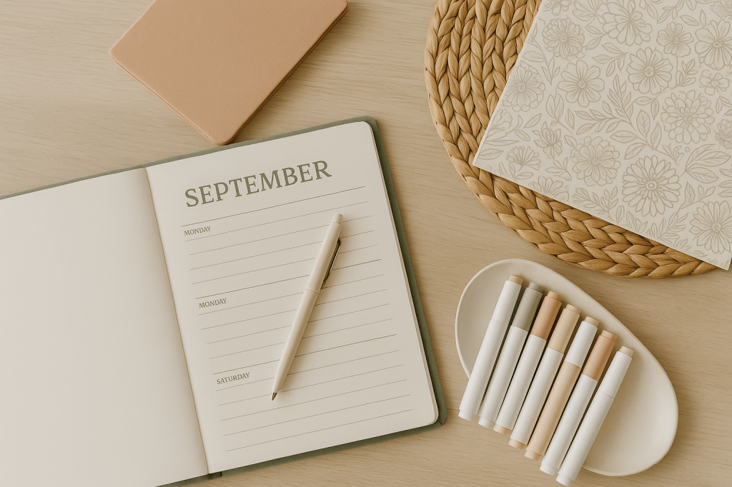 Tafelblad met een agenda opengeslagen op september, markers en een kleurplaat