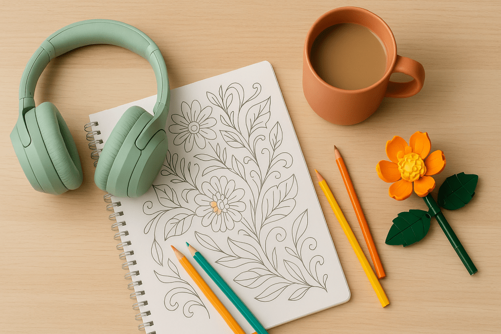Een kleurpagina, hoofdtelefoon, potloden, LEGO bloem en een kop koffie
