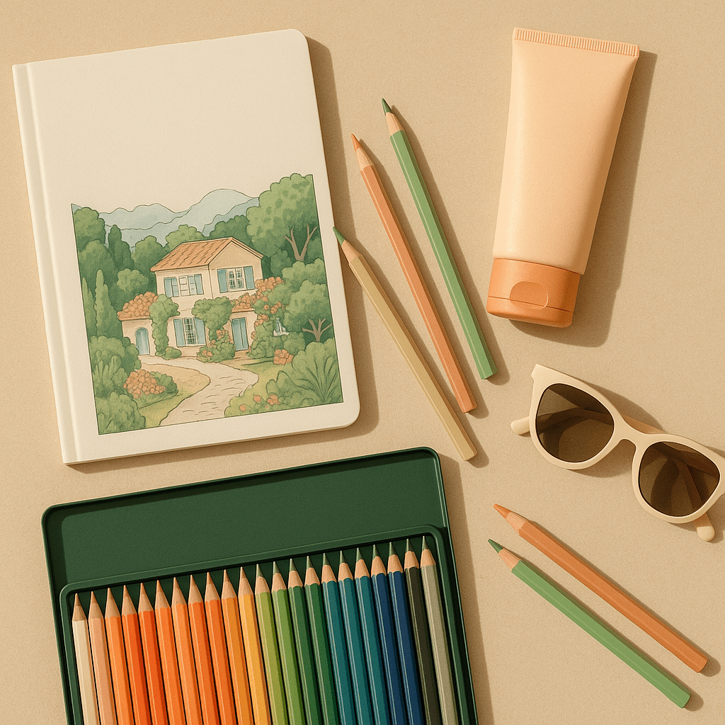 Een kleurboek, potloden, zonnebrandcrème en zonnebril op een tafel