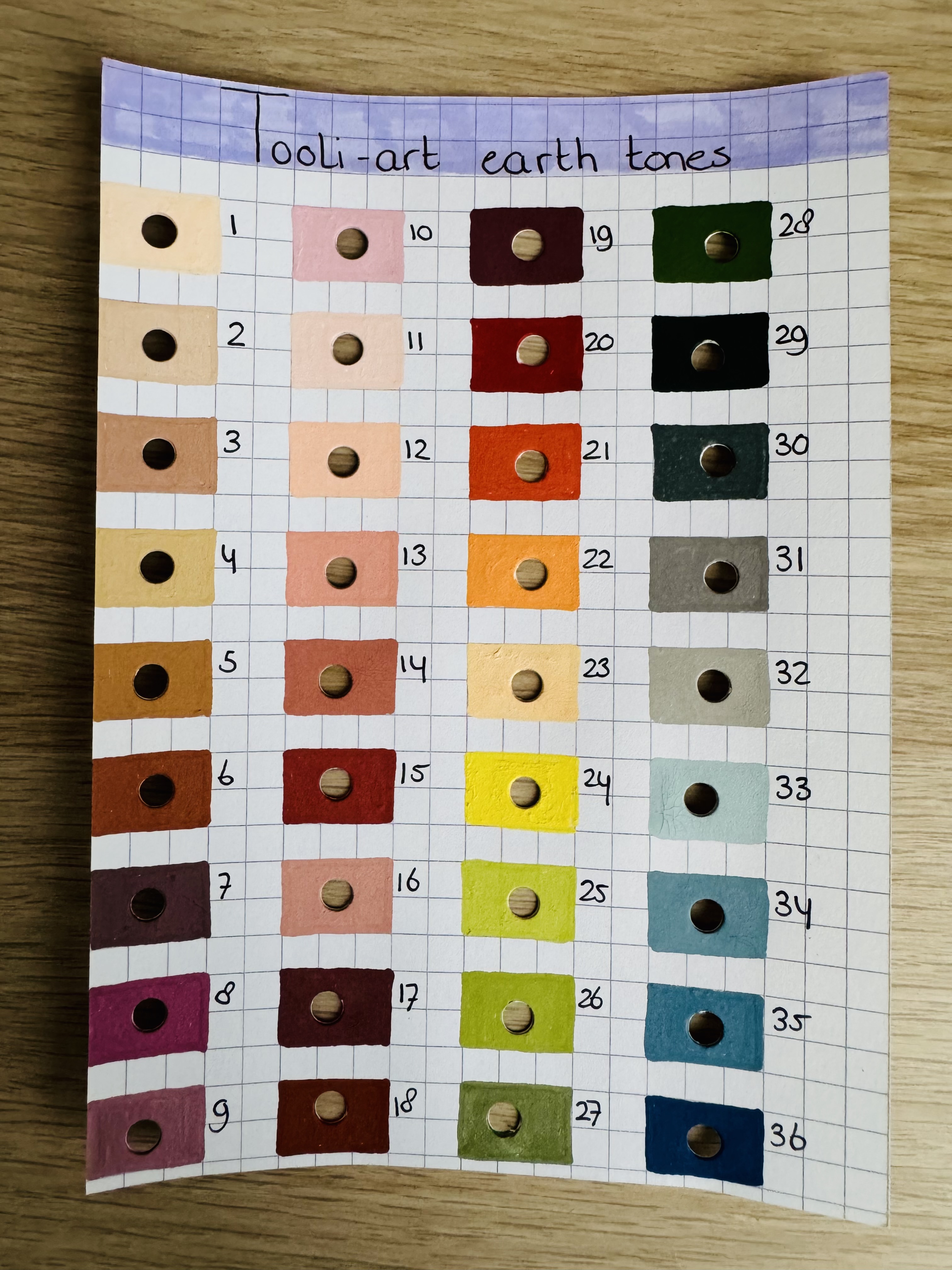 Swatches van alle kleuren uit de Tooli-Art Earth set