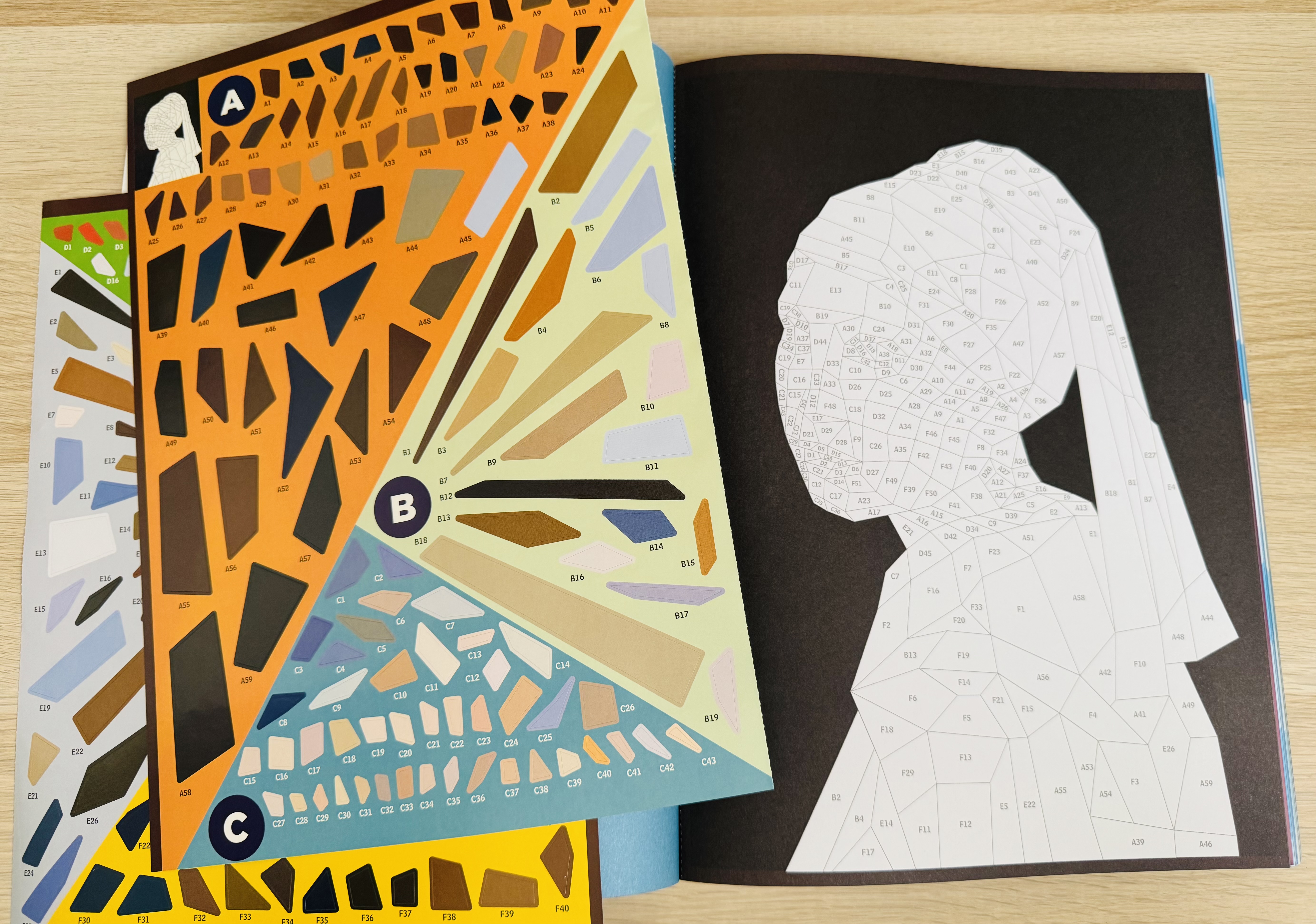 Foto van stickers en prent het meisje met de parel uit het paint by sticker masterpieces boek