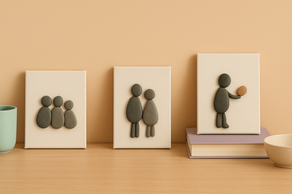 Drie canvas schilderijtjes met steentjes op een bureau