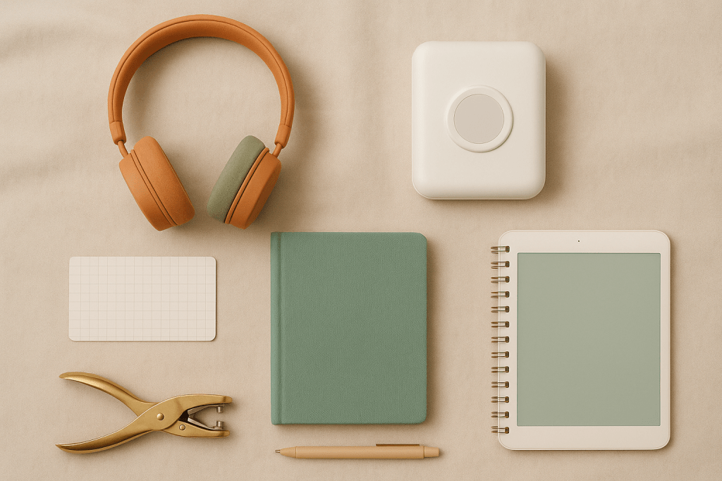 Koptelefoon, notitieboekjes, mini printer en gaatjestang op een tafelblad