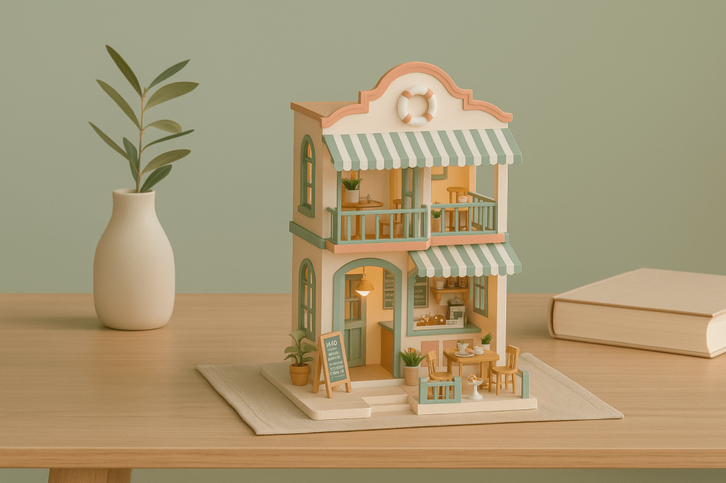 Miniatuurhuisje op een tafelblad met een plantje en boek ernaast