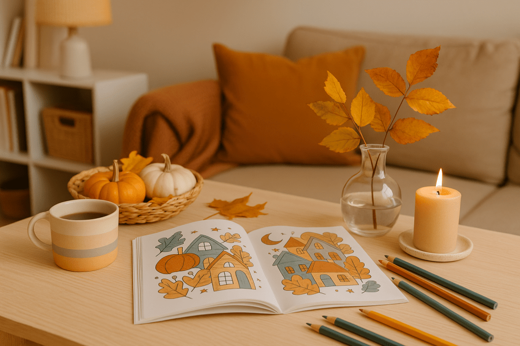 Een bank en salontafel met herfstversiering en een kleurboek met potloden erop