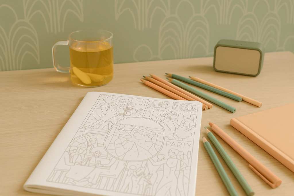 Een tafelblad met een kleurboek en potloden en kop thee met art deco elementen op het behang