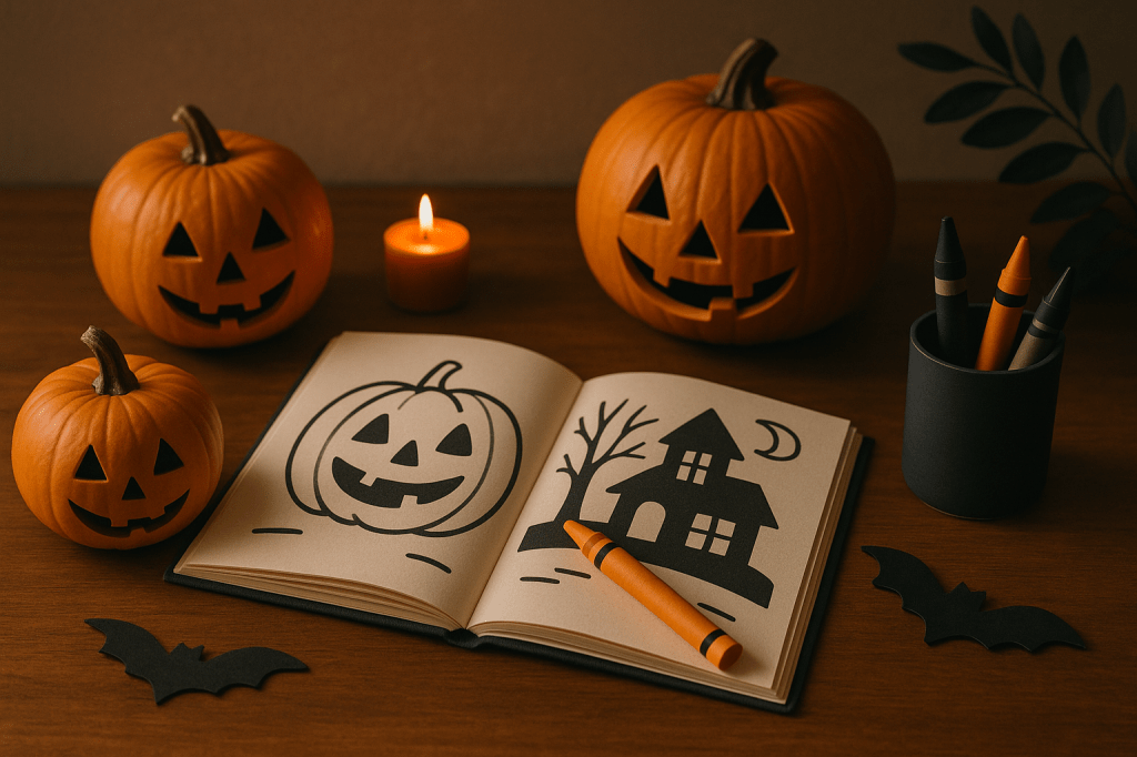 Halloween kleurboek en pompoenen en een waxinelichtje