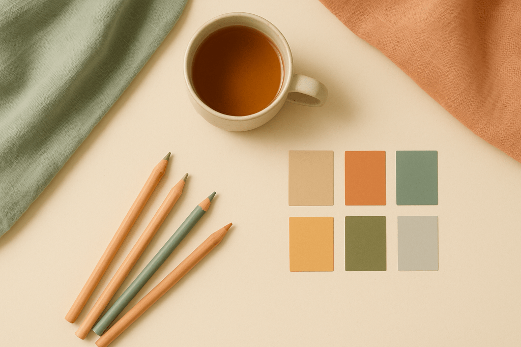 Kop thee, potloden en kleuren voorbeelden op een tafelblad