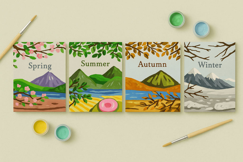 4 schilderijen van een berg in een ander seizoen met kwastjes en verfpotjes