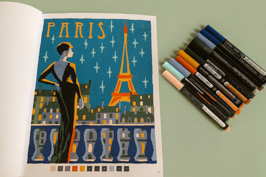 Ingekleurde kleurplaat van een vrouw uit de jaren 20 op een balkon met uitzicht op de Eiffeltoren.