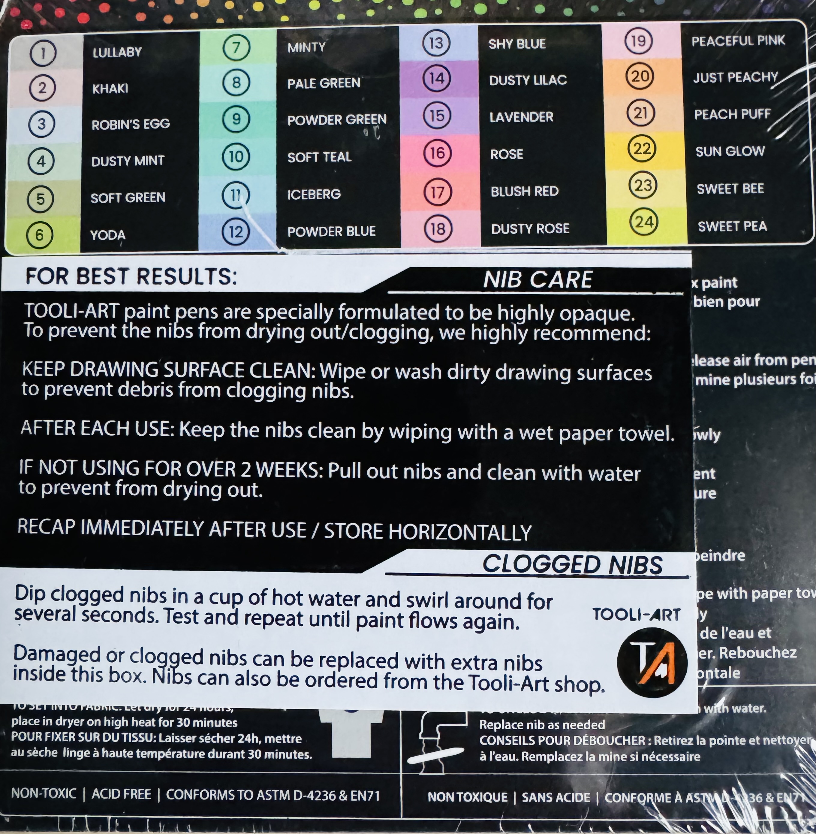 Achterkant verpakking Tooli-Art pastel acrylmarkers