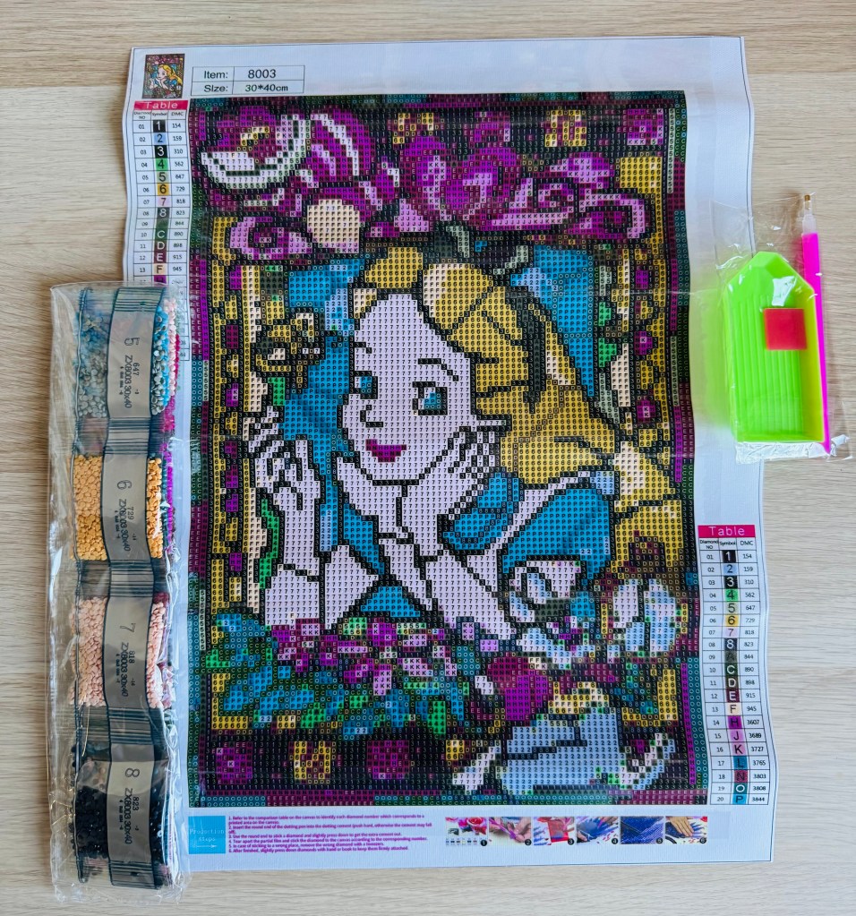 Alle onderdelen van een diamond painting van Alice in wonderland