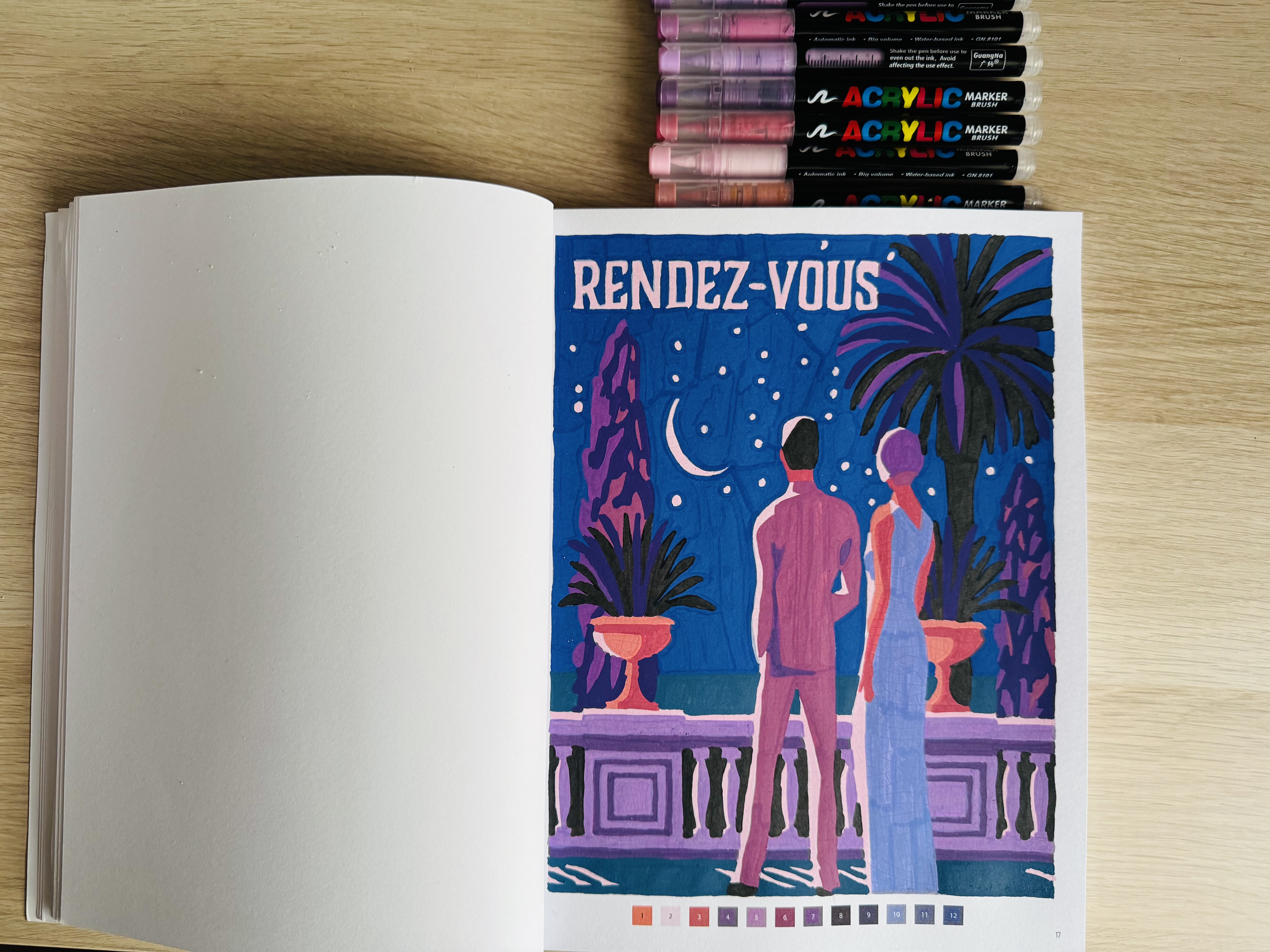 Ingekleurde kleurplaat van twee mensen op een balkon met markers