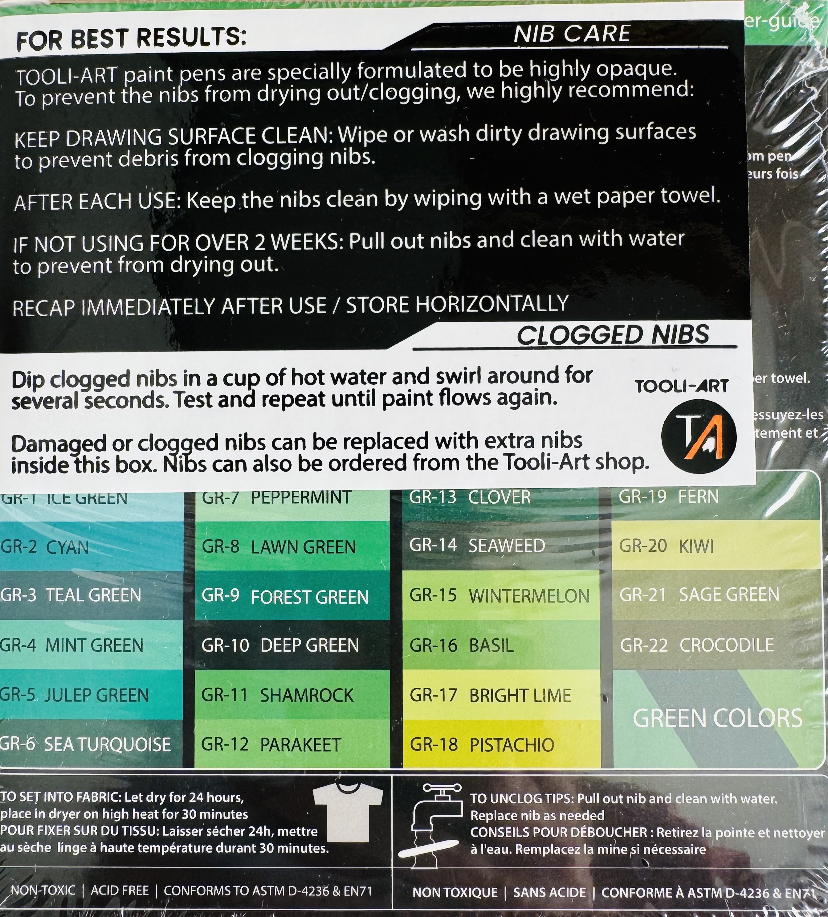 Achterkant verpakking Tooli-Art Pro Green acrylmarkers