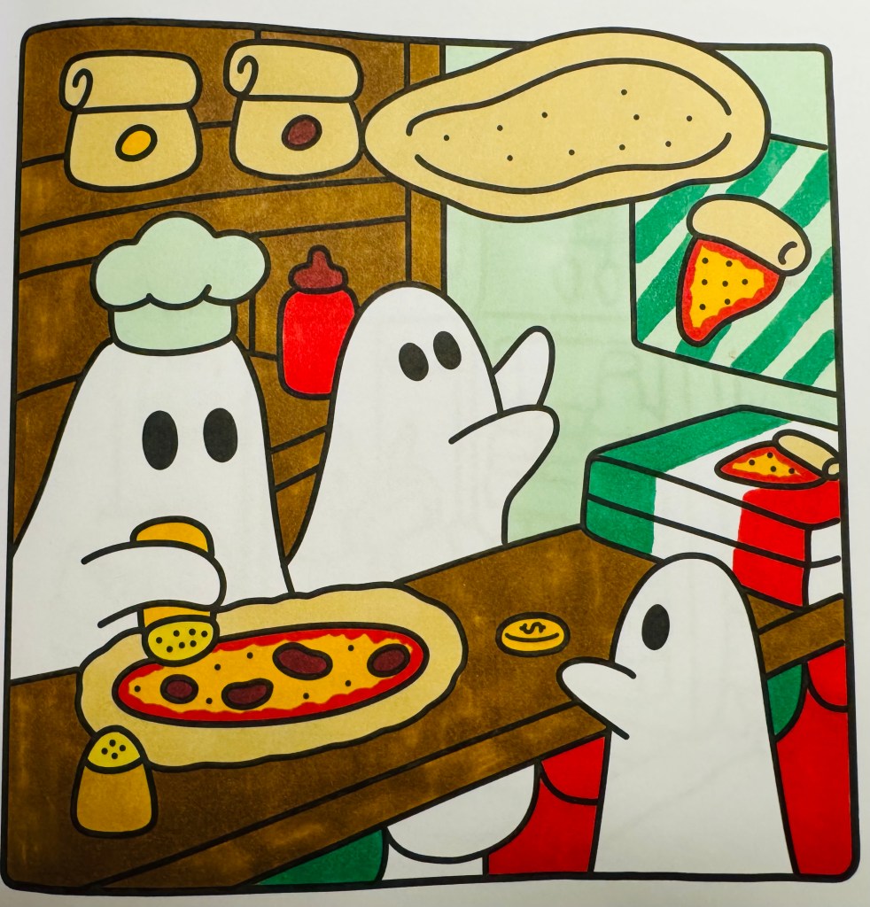 Ingekleurde kleurplaat van spookjes in een pizzeria