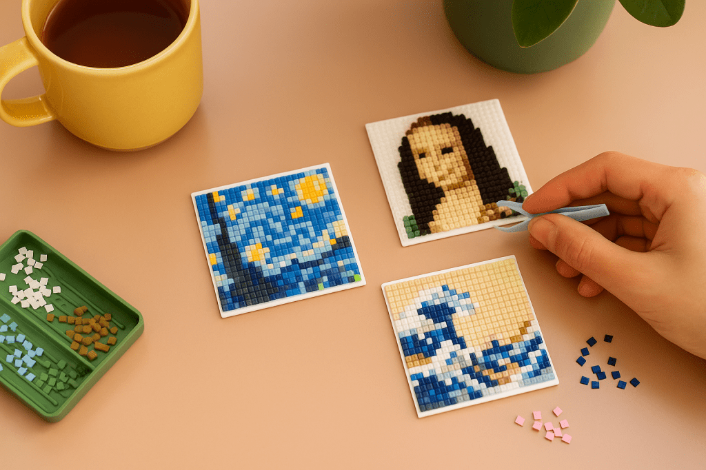 3 pixelhobby platen van kunstwerken met een kop koffie