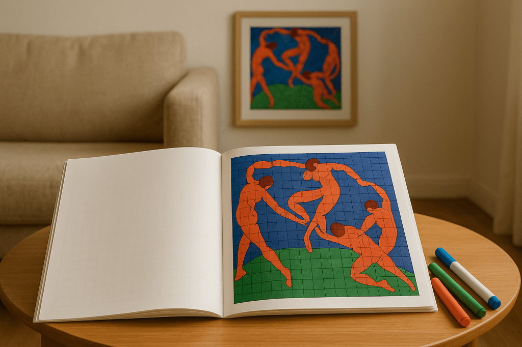 Opengeslagen kleurboek met een kleurboek van Matisse met op de achtergrond een bank en een schilderij van Matisse