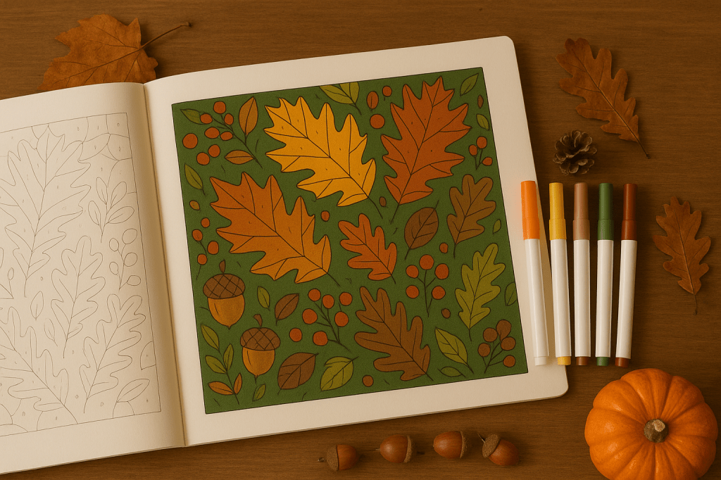 Kleurboek met tekening van herfstbladeren, stiften en herfstdecoratie
