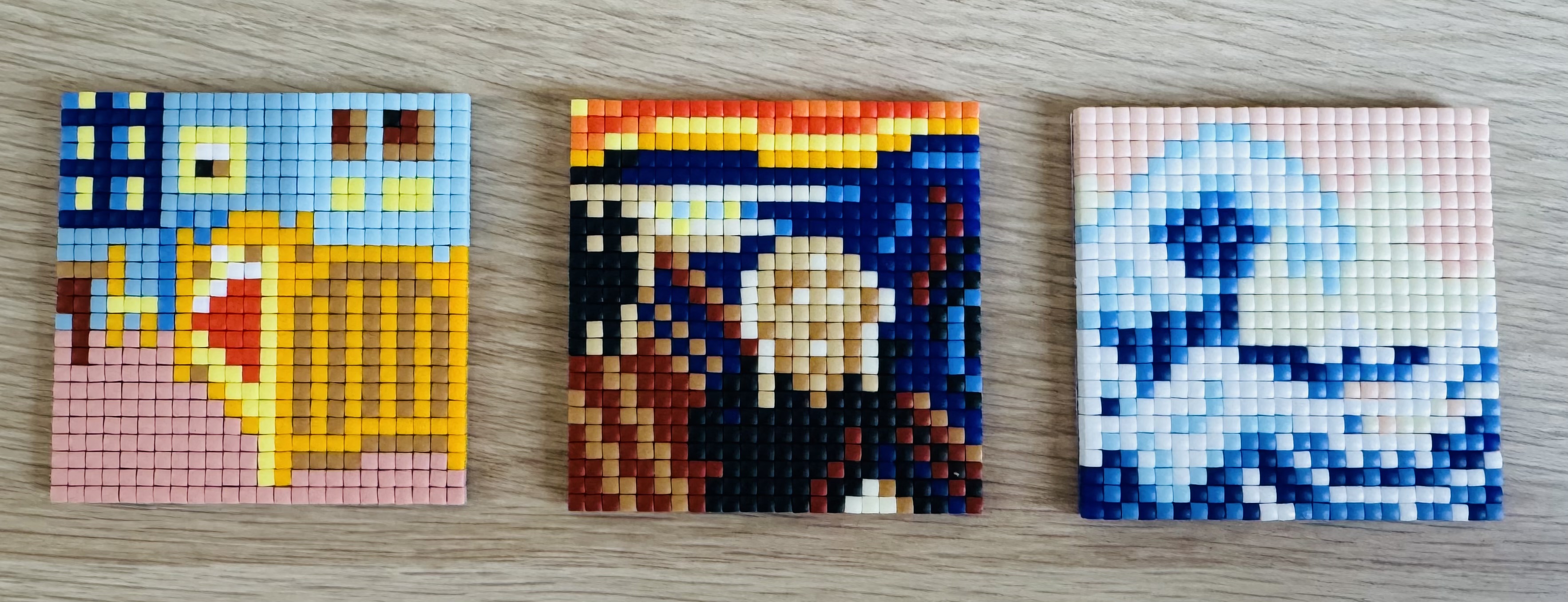 Alle 3 de mini schilderijtjes gemaakt uit de Pixelhobby Wereldkunstwerken kubus