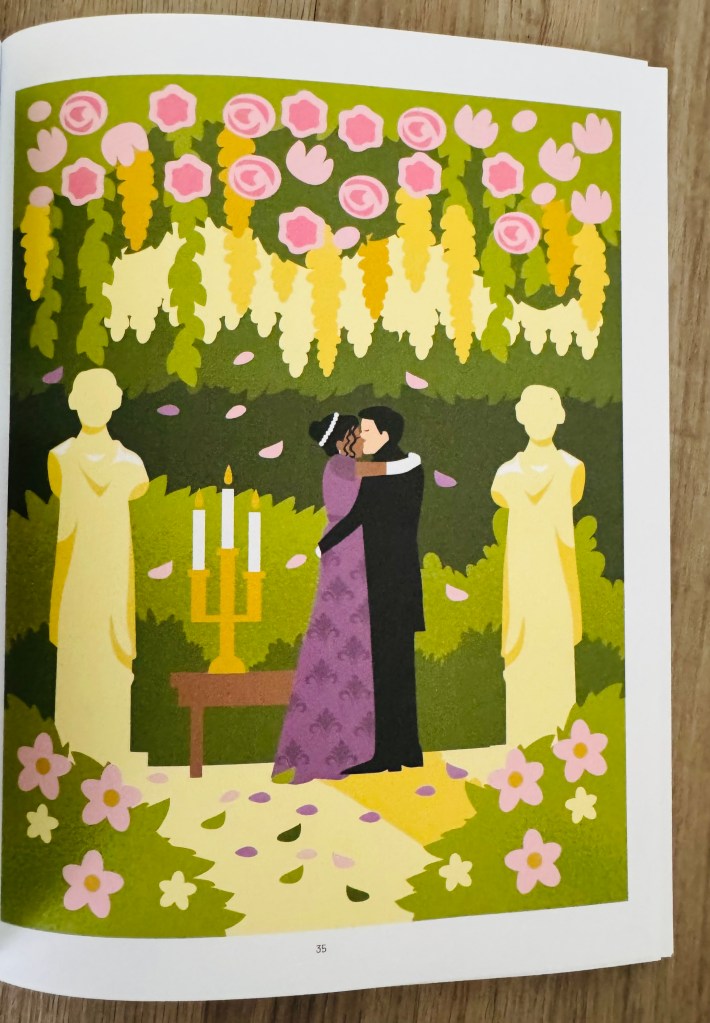 Voorbeeld kleurplaat uit het Bridgerton kleurboek van twee kussende mensen