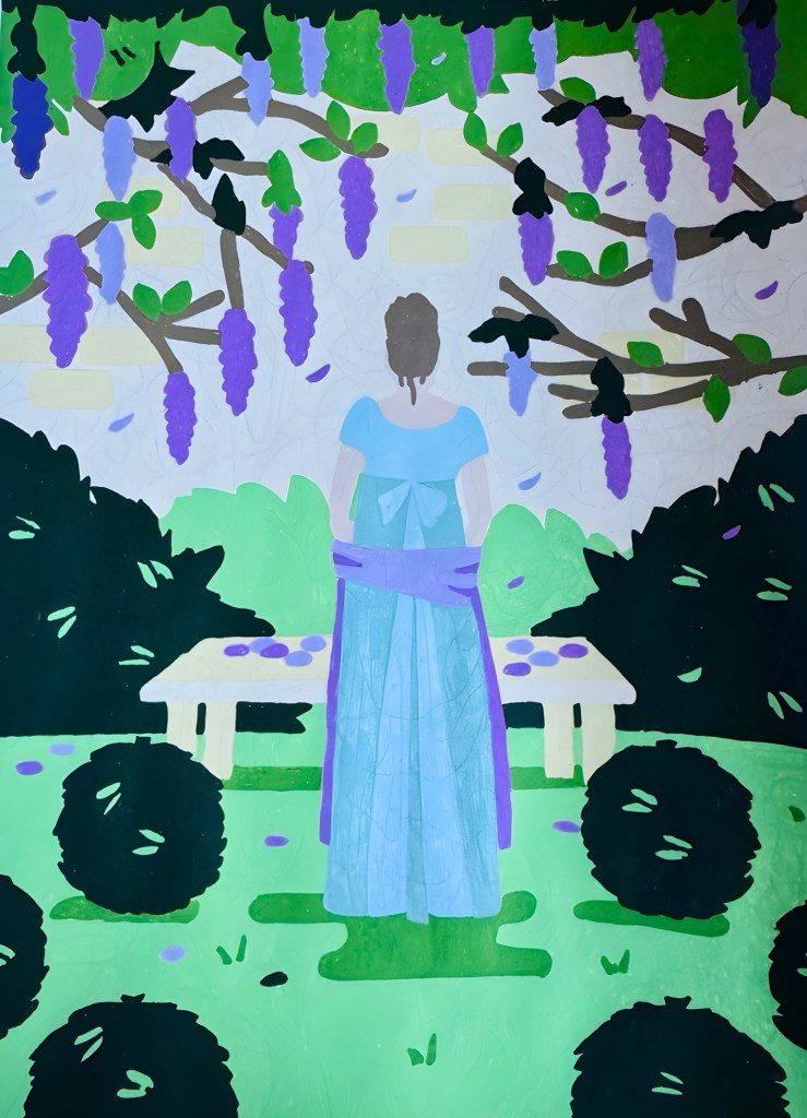 Ingekleurde kleurplaat uit het Bridgerton kleurboek van Daphne in de tuin