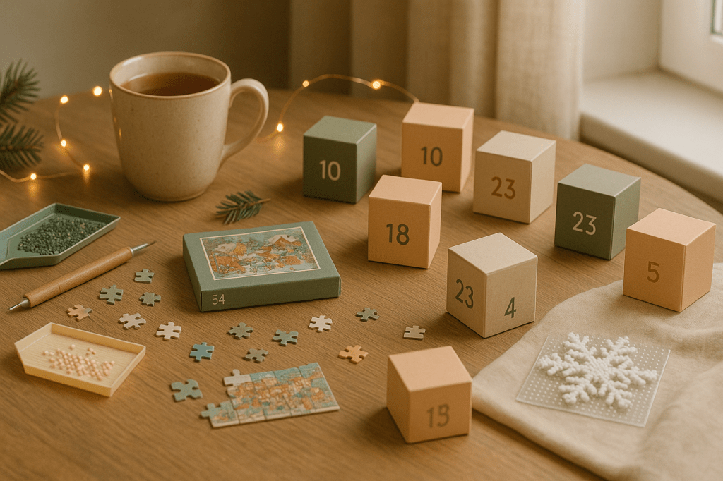 Puzzelstukjes, strijkkralen en diamond painting stukjes die uit doosjes van advent kalenders komen op een tafel