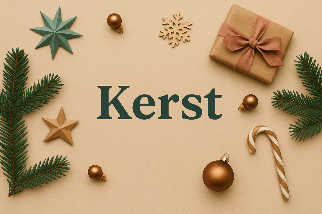 Kerstcadeautjes en versiering op een zandkleurige achtergrond