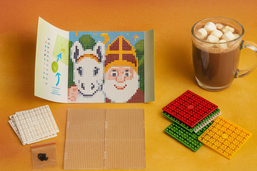 Pixelhobby Sinterklaas met paard met een kop warme chocolademelk