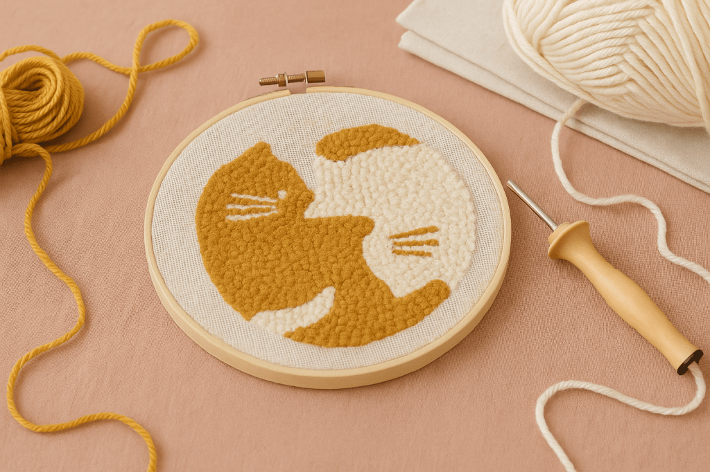 Roze tafelkleed met daarop een borduurring met een punch needle van poezen