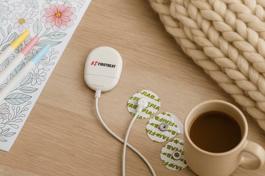 One wave apparaat en sensoren op een tafel met een thee en kleurplaat