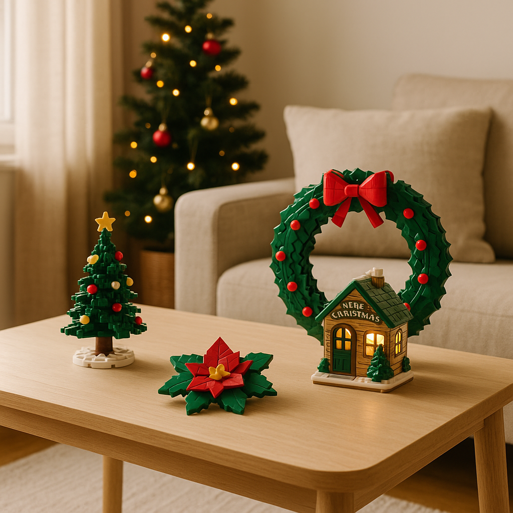 Bank en tafel met LEGO kerstversiering