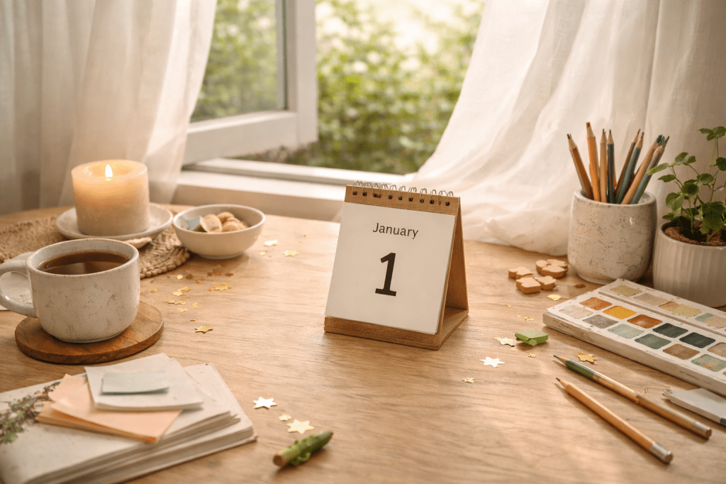 Een kalender met 1 januari op een tafel met creatieve spulletjes