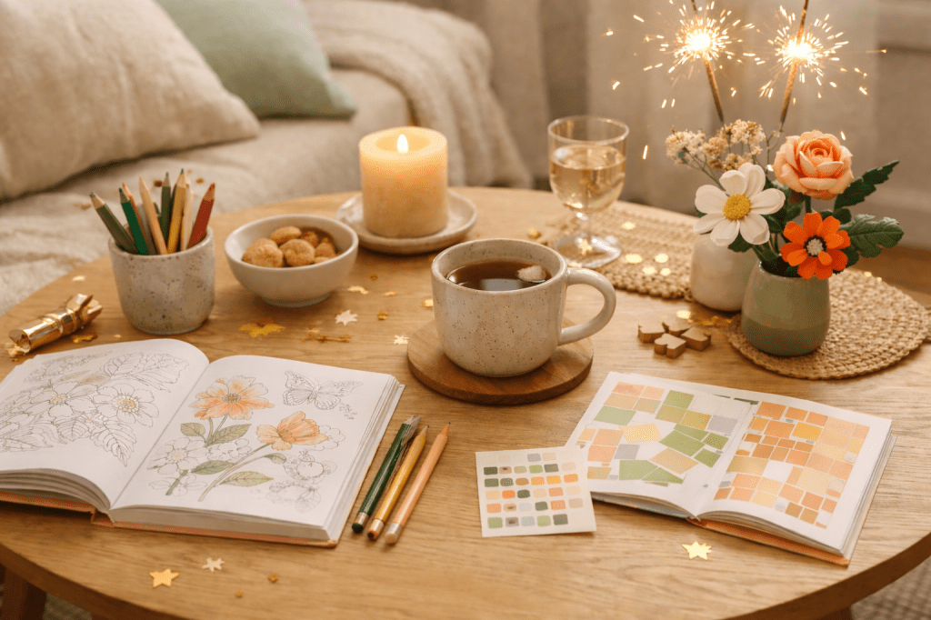 Een tafel met hapjes, drankjes en creatieve spulletjes