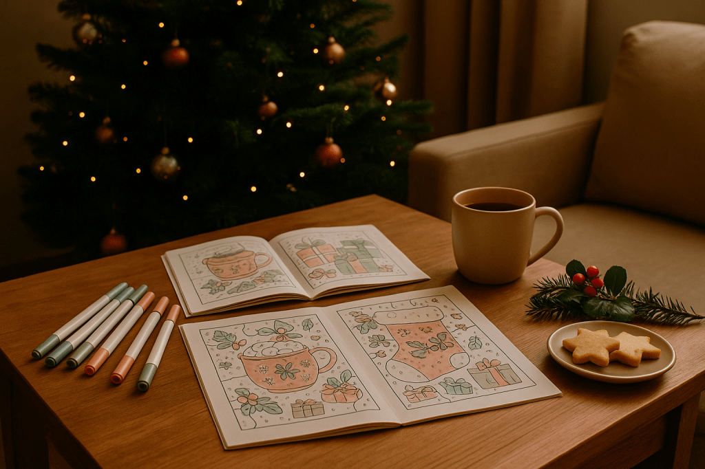 Tafel met kleurboeken bij een kerstboom