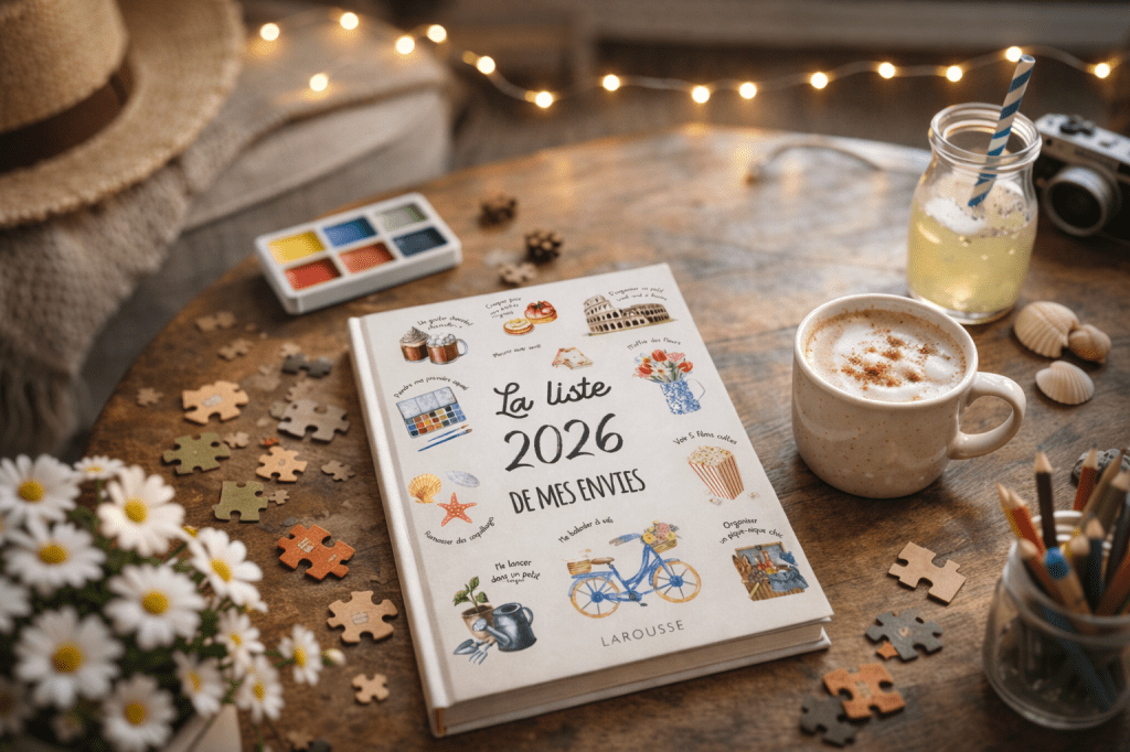 Boek La liste de mes envies 2026 op een houten tafel met puzzelstukjes eromheen