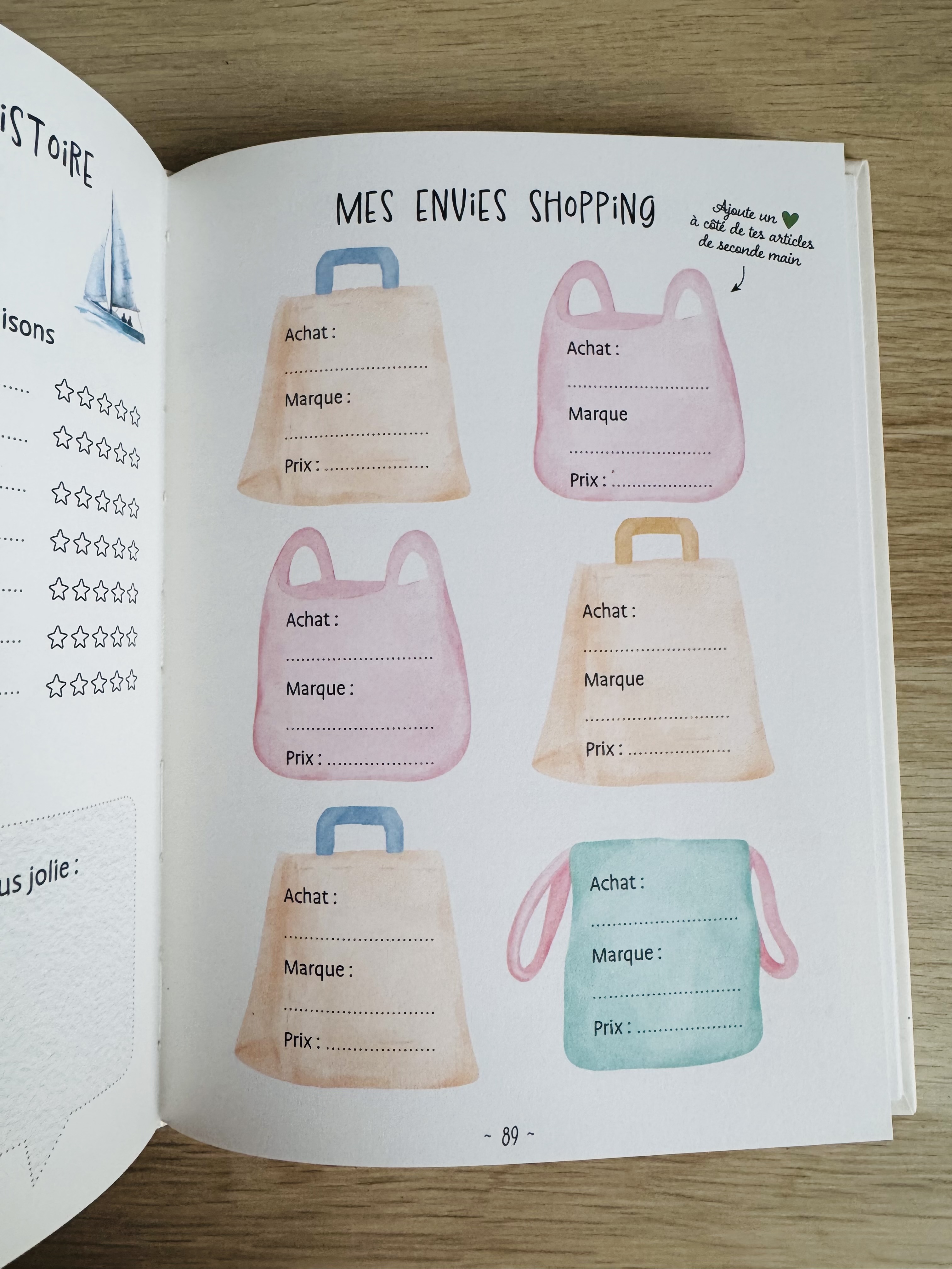 Pagina uit het boek met een shoppinglist
