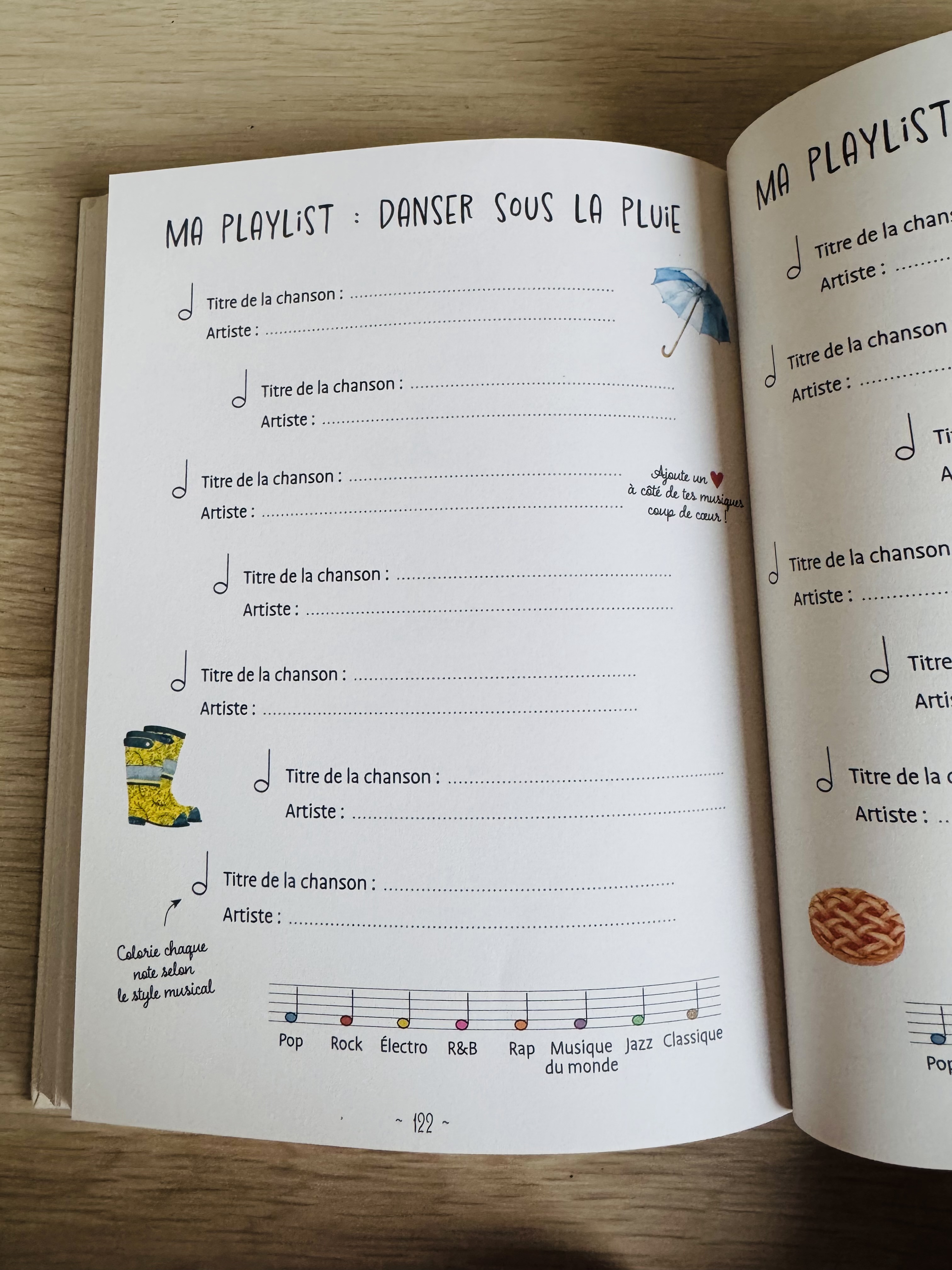 Pagina uit het boek waarin je je favoriete nummers voor regenachtige dagen kunt bijhouden