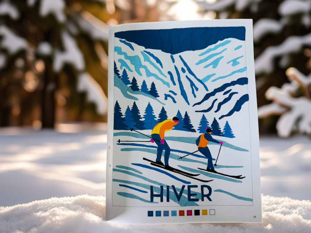 Kleurplaat van skieende mensen in de bergen