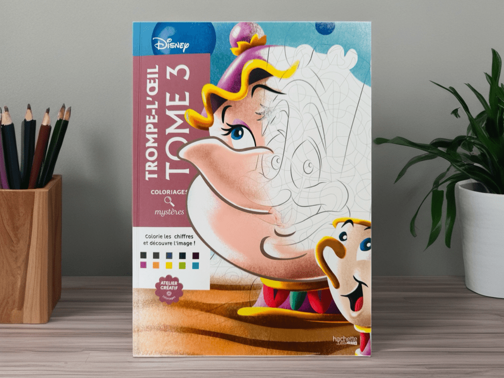 Trompe-L’oeil kleurboek tegen de muur naast een plant en potloden