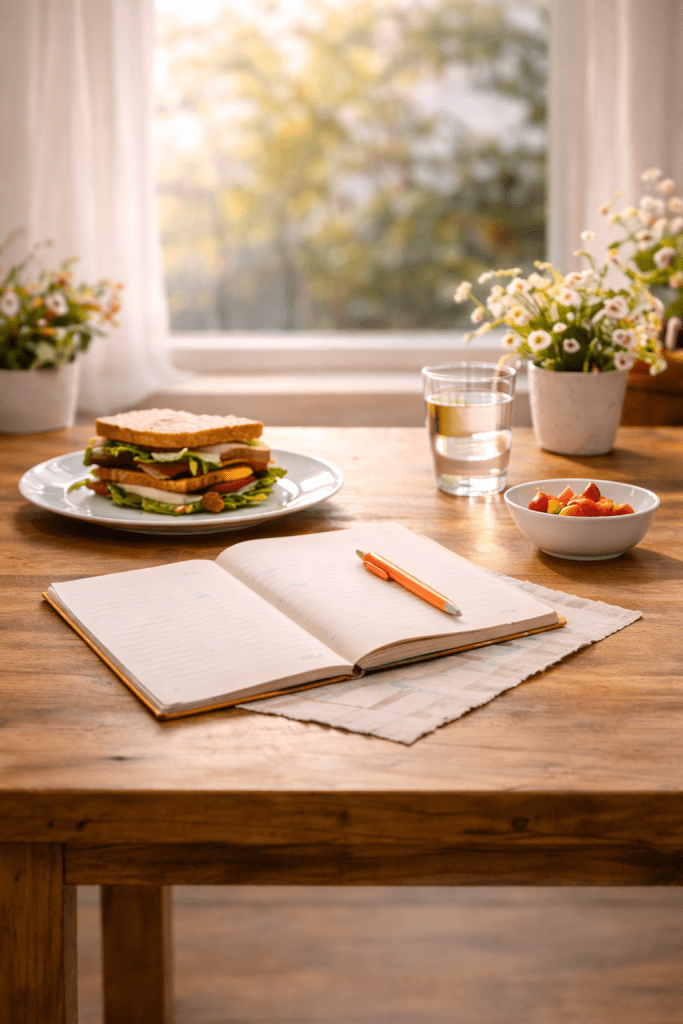 Een open kleurboek met een sandwich ernaast