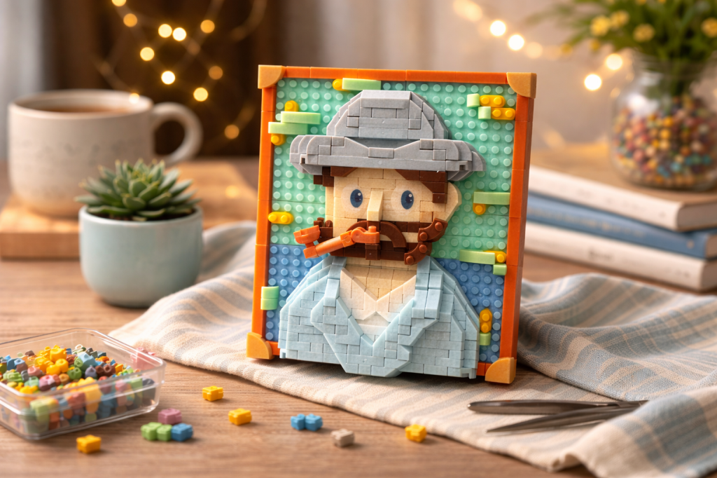 Portret van Van Gogh in mini bouwsteentjes op een tafel